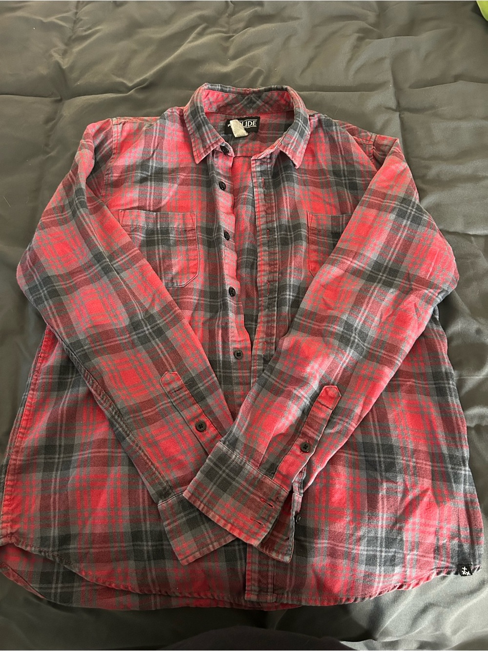 Hot Topic Red and Gray Plaid Button-Down Shirt